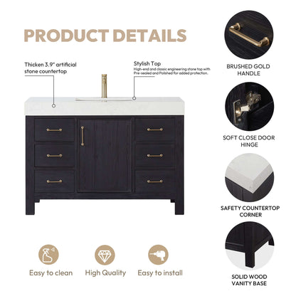 Vinnova León 48-inch free-standing single bathroom vanity in black fir wood with Lightning White composite top and mirror