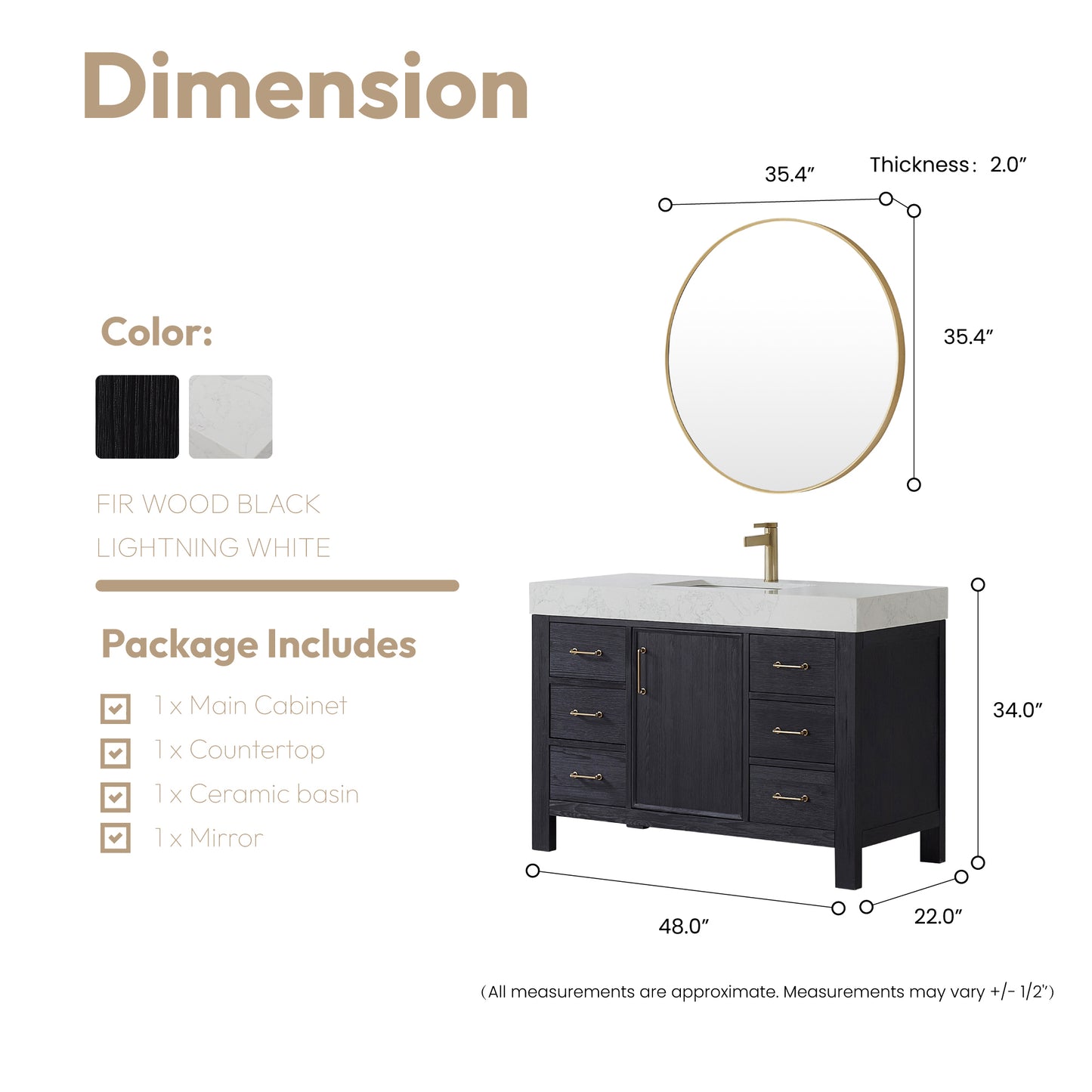 Vinnova, León 48in. Free-standing Single Bathroom Vanity in Fir Wood Black with Composite top in Lightning White and Mirror