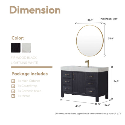 Vinnova León 48-inch free-standing single bathroom vanity in black fir wood with Lightning White composite top and mirror