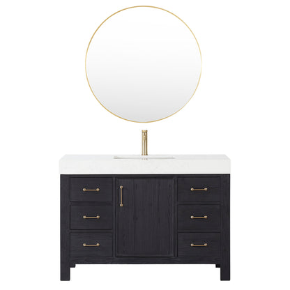 Vinnova, León 48in. Free-standing Single Bathroom Vanity in Fir Wood Black with Composite top in Lightning White and Mirror