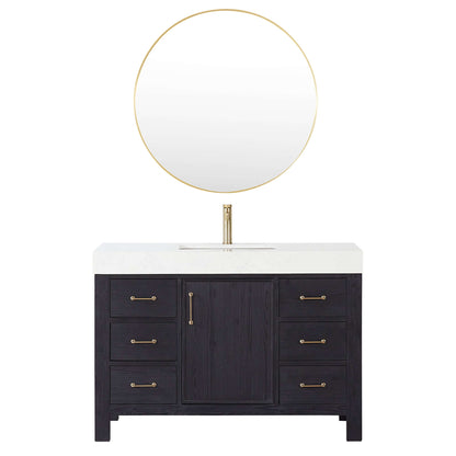 Vinnova León 48-inch free-standing single bathroom vanity in black fir wood with Lightning White composite top and mirror