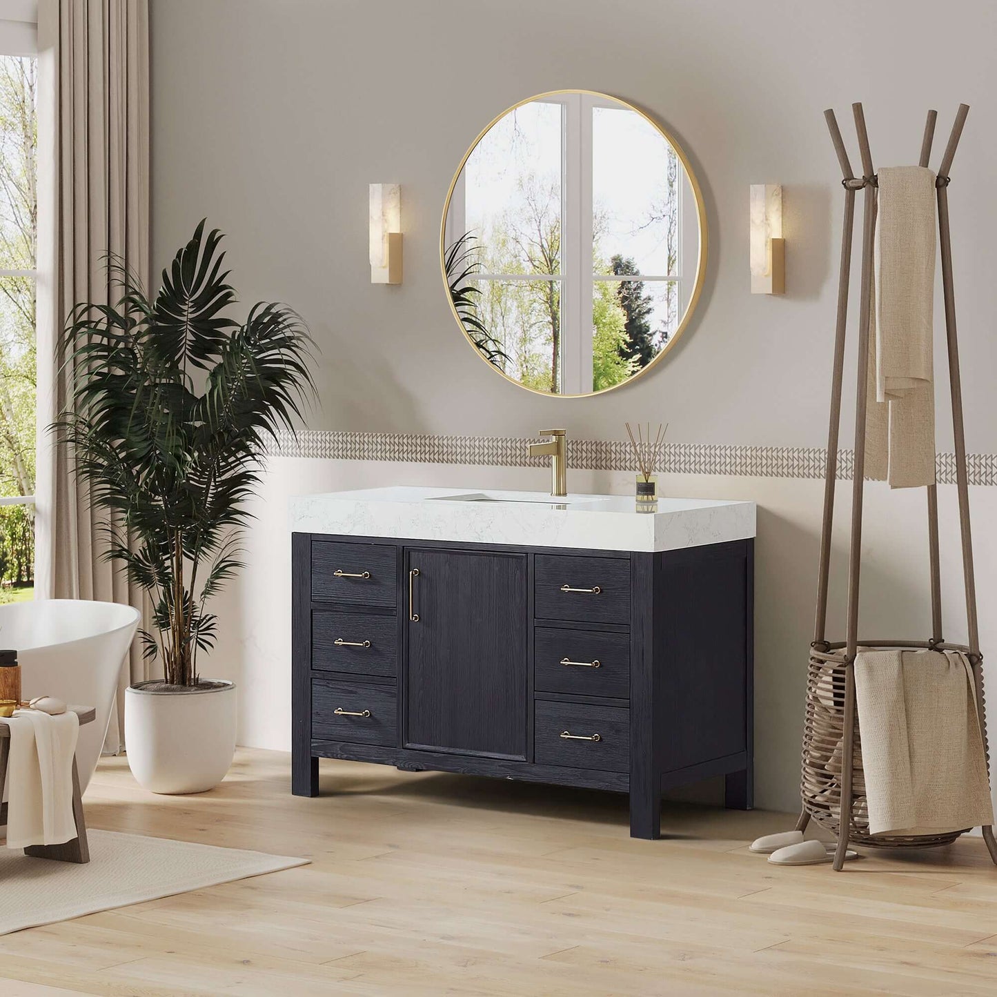 Vinnova León 48-inch free-standing single bathroom vanity in black fir wood with Lightning White composite top and mirror