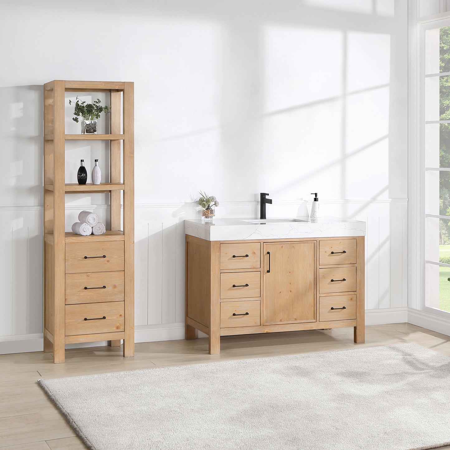 Vinnova, León 48in. Free-standing Single Bathroom Vanity in Fir Wood Brown with Composite top in Lightning White