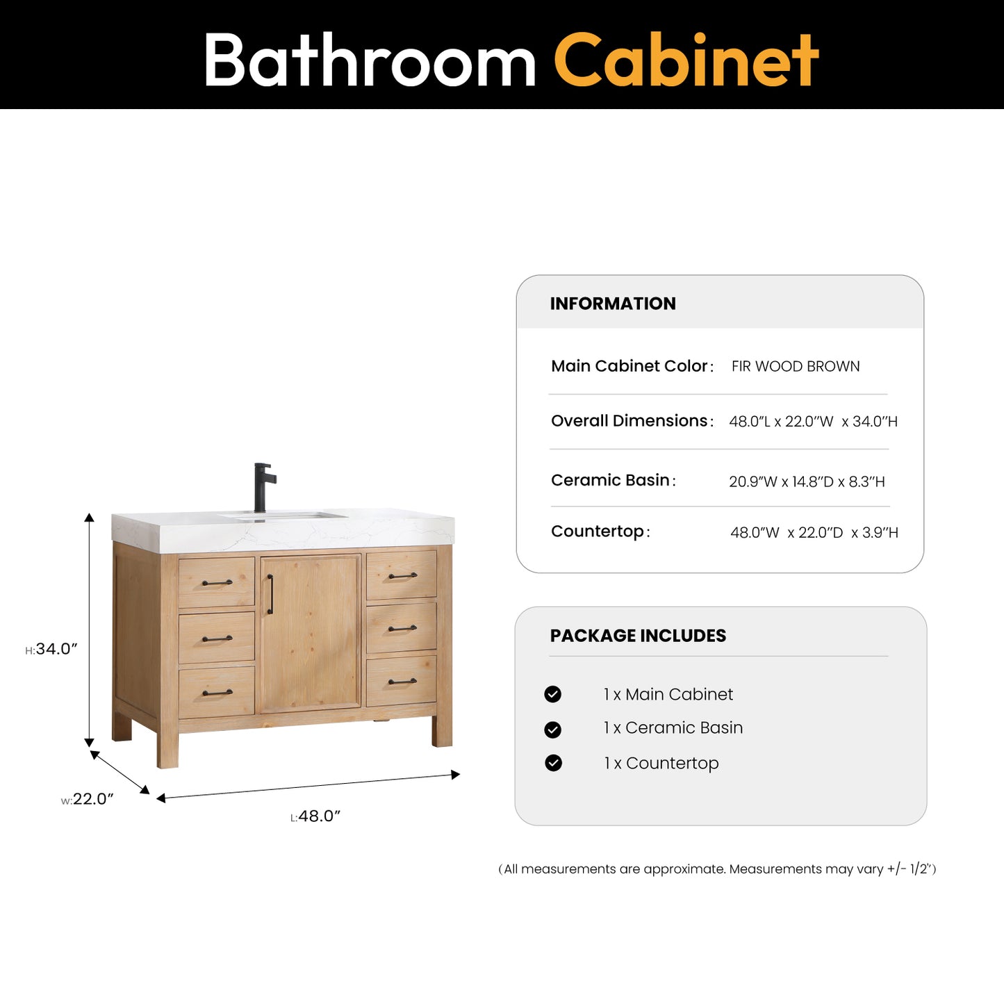 Vinnova, León 48in. Free-standing Single Bathroom Vanity in Fir Wood Brown with Composite top in Lightning White