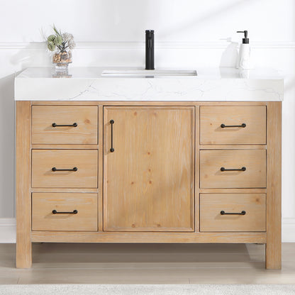 Vinnova, León 48in. Free-standing Single Bathroom Vanity in Fir Wood Brown with Composite top in Lightning White