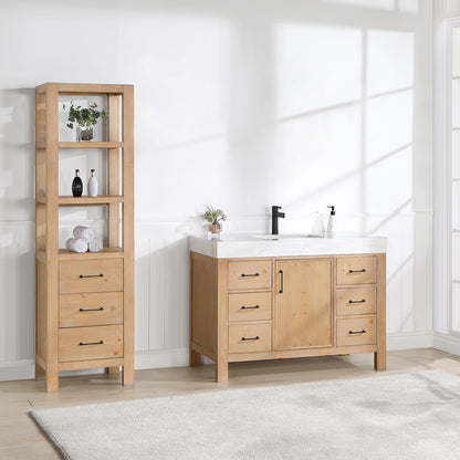 Vinnova, León 48in. Free-standing Single Bathroom Vanity in Fir Wood Brown with Composite top in Lightning White