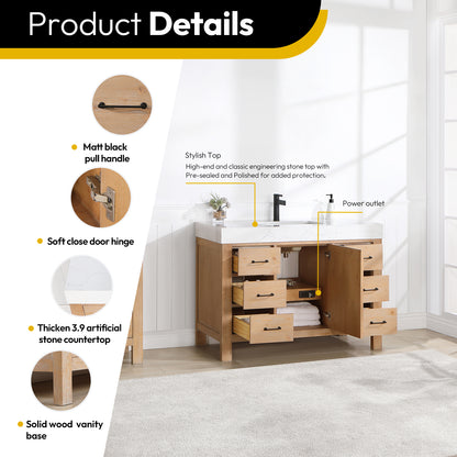 Vinnova, León 48in. Free-standing Single Bathroom Vanity in Fir Wood Brown with Composite top in Lightning White