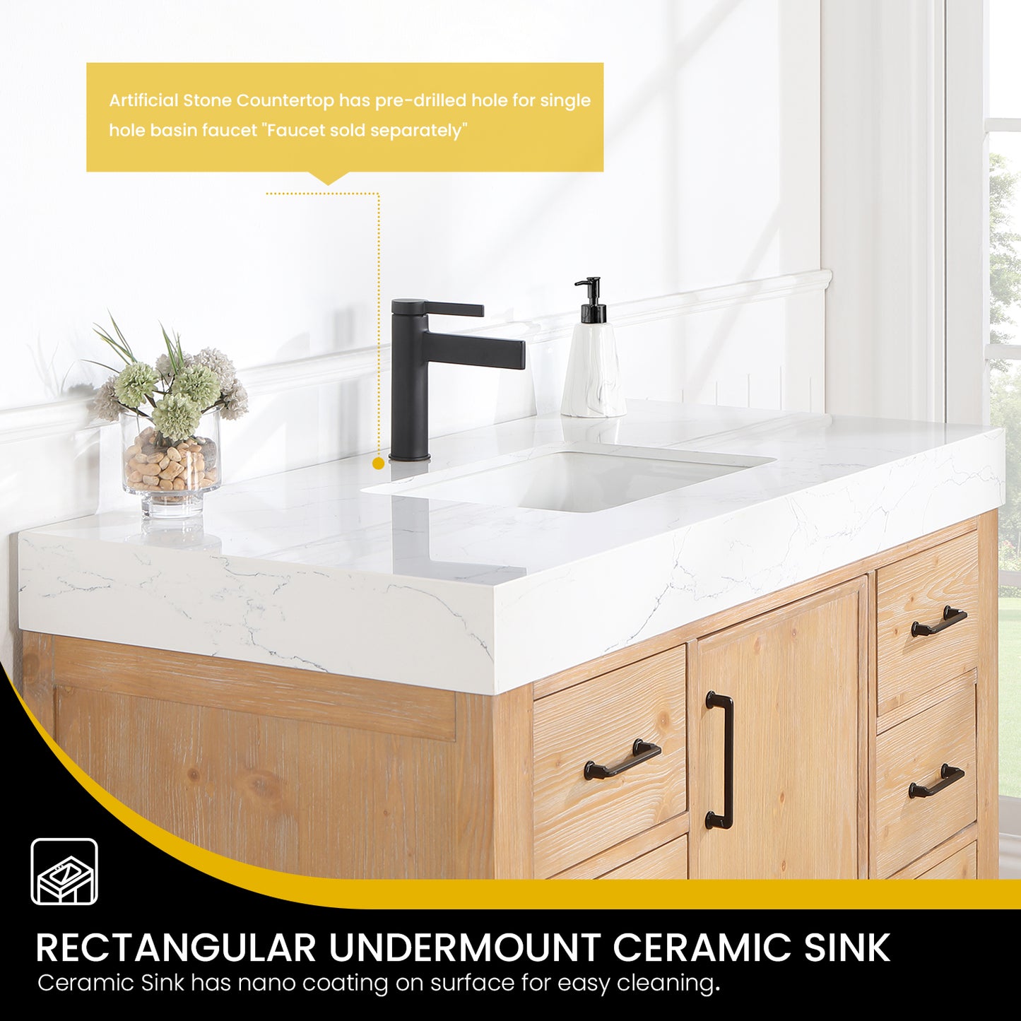 Vinnova, León 48in. Free-standing Single Bathroom Vanity in Fir Wood Brown with Composite top in Lightning White
