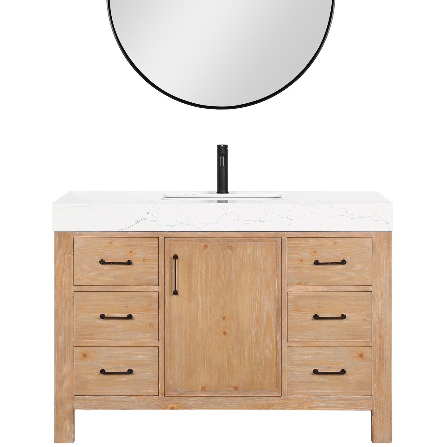 Vinnova, León 48in. Free-standing Single Bathroom Vanity in Fir Wood Brown with Composite top in Lightning White and Mirror