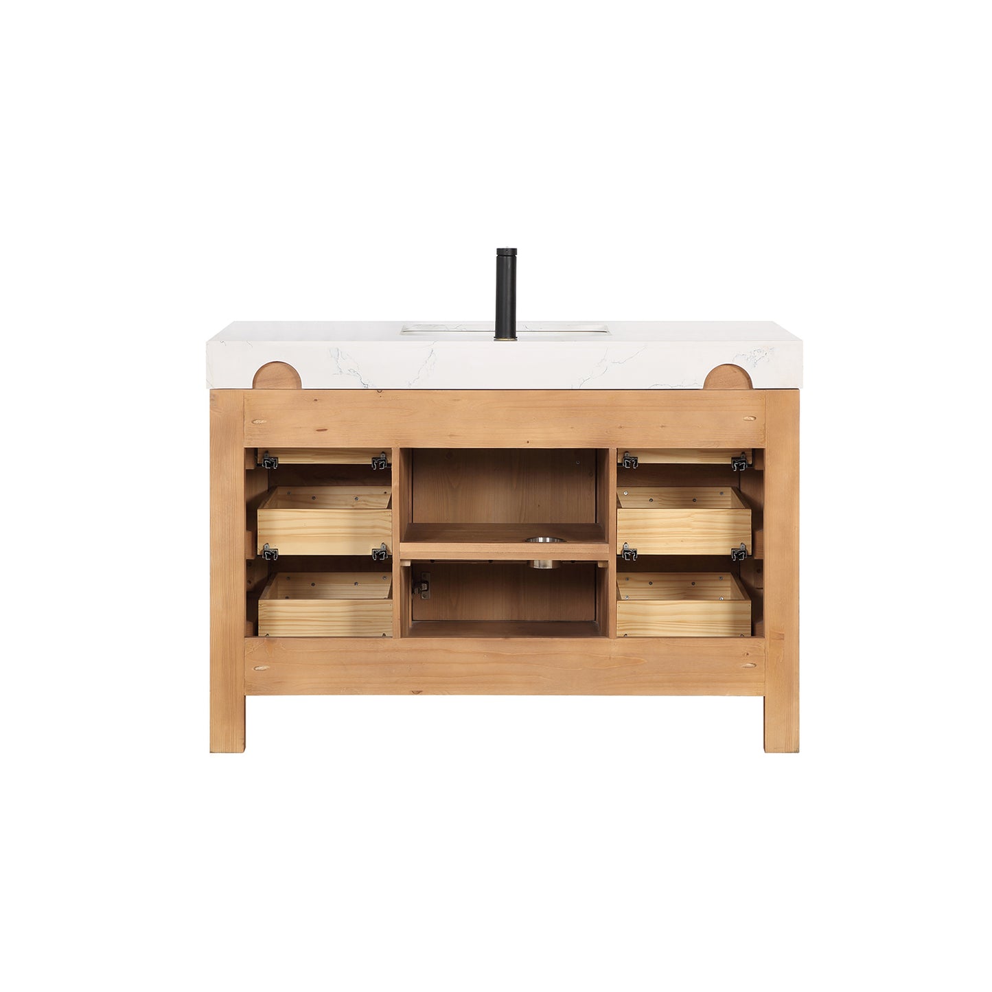 Vinnova, León 48in. Free-standing Single Bathroom Vanity in Fir Wood Brown with Composite top in Lightning White and Mirror