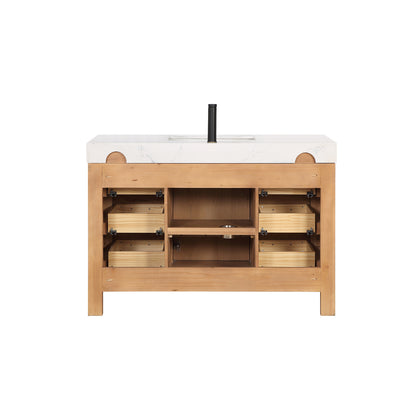 Vinnova, León 48in. Free-standing Single Bathroom Vanity in Fir Wood Brown with Composite top in Lightning White and Mirror
