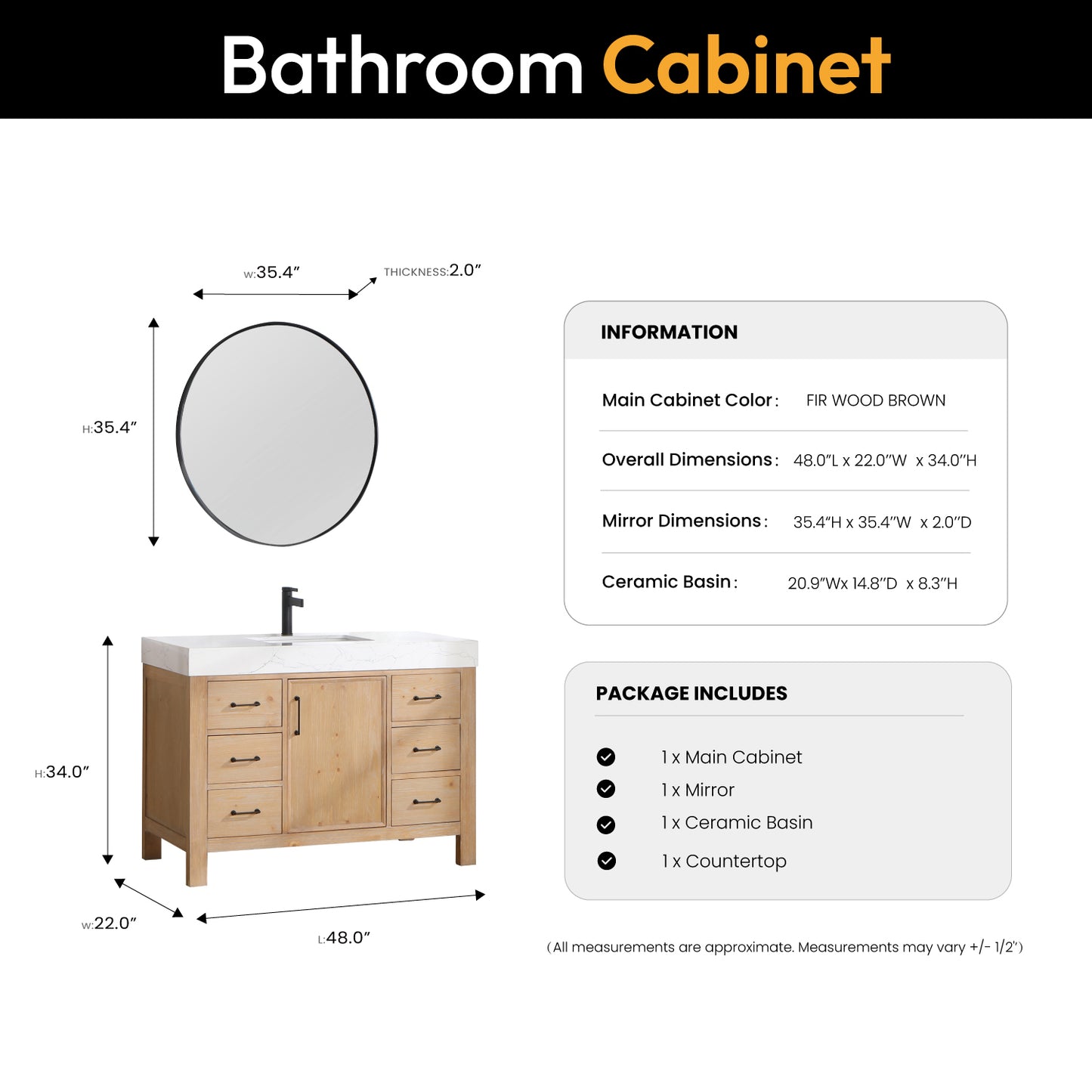 Vinnova, León 48in. Free-standing Single Bathroom Vanity in Fir Wood Brown with Composite top in Lightning White and Mirror
