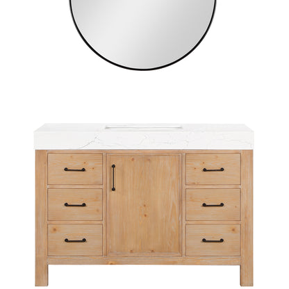 Vinnova, León 48in. Free-standing Single Bathroom Vanity in Fir Wood Brown with Composite top in Lightning White and Mirror