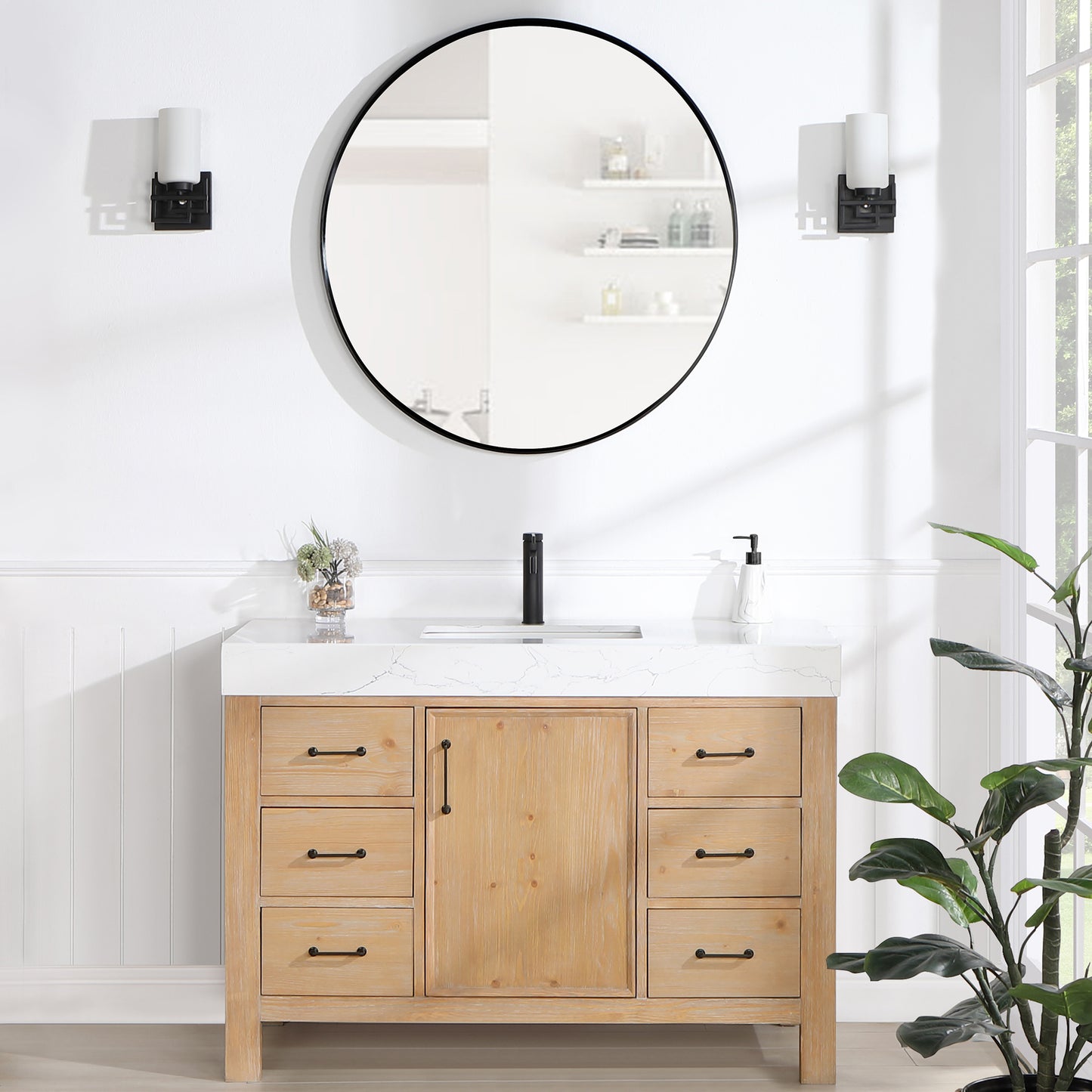 Vinnova, León 48in. Free-standing Single Bathroom Vanity in Fir Wood Brown with Composite top in Lightning White and Mirror