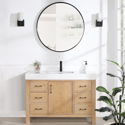 Vinnova, León 48in. Free-standing Single Bathroom Vanity in Fir Wood Brown with Composite top in Lightning White and Mirror