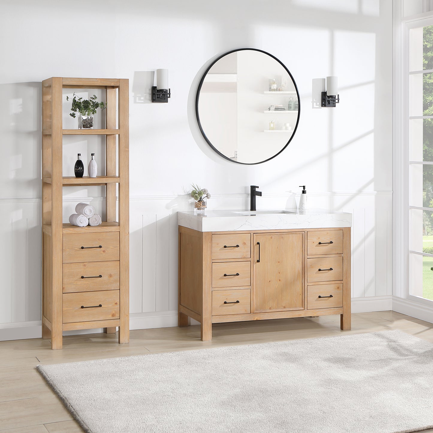 Vinnova, León 48in. Free-standing Single Bathroom Vanity in Fir Wood Brown with Composite top in Lightning White and Mirror