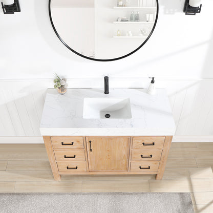 Vinnova, León 48in. Free-standing Single Bathroom Vanity in Fir Wood Brown with Composite top in Lightning White and Mirror