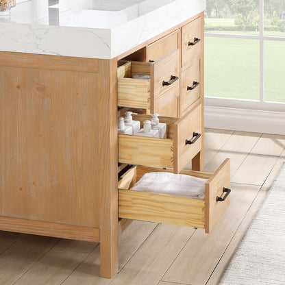 Vinnova, León 48in. Free-standing Single Bathroom Vanity in Fir Wood Brown with Composite top in Lightning White and Mirror