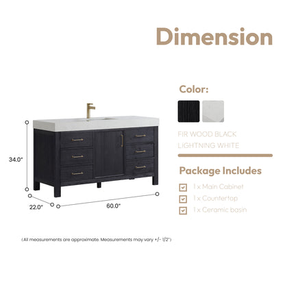 Vinnova, León 60in. Free-standing Single Bathroom Vanity in Fir Wood Black with Composite top in Lightning White