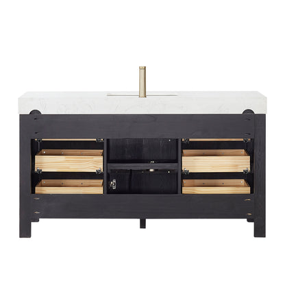 Vinnova, León 60in. Free-standing Single Bathroom Vanity in Fir Wood Black with Composite top in Lightning White and Mirror