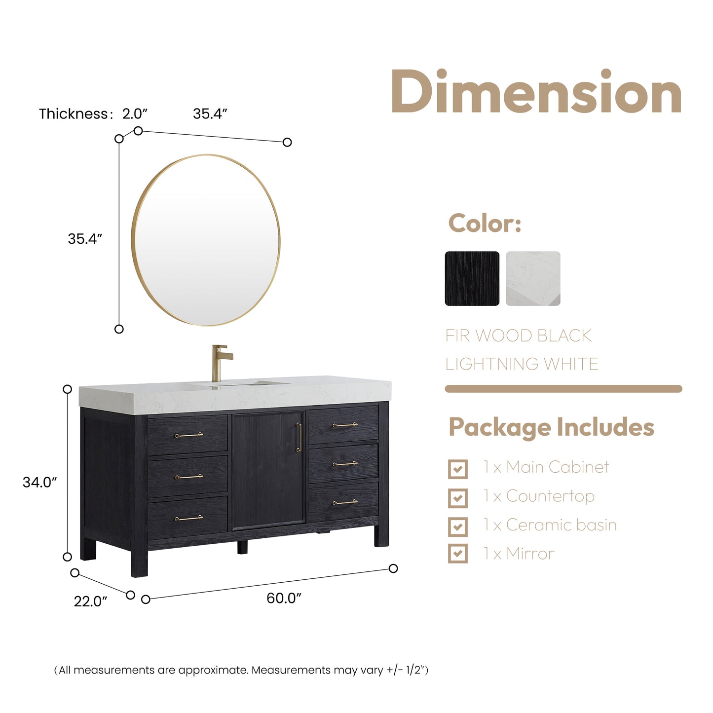 Vinnova, León 60in. Free-standing Single Bathroom Vanity in Fir Wood Black with Composite top in Lightning White and Mirror