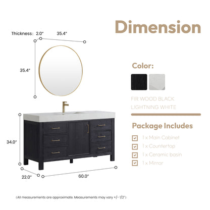 Vinnova, León 60in. Free-standing Single Bathroom Vanity in Fir Wood Black with Composite top in Lightning White and Mirror