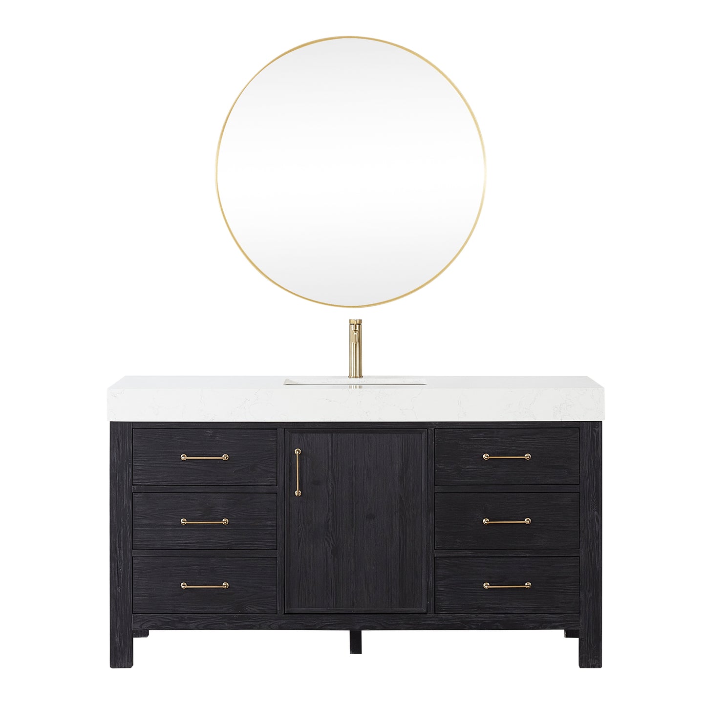 Vinnova, León 60in. Free-standing Single Bathroom Vanity in Fir Wood Black with Composite top in Lightning White and Mirror