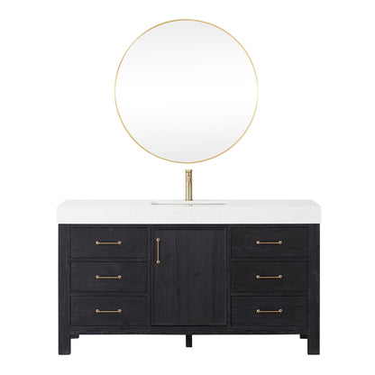 Vinnova, León 60in. Free-standing Single Bathroom Vanity in Fir Wood Black with Composite top in Lightning White and Mirror