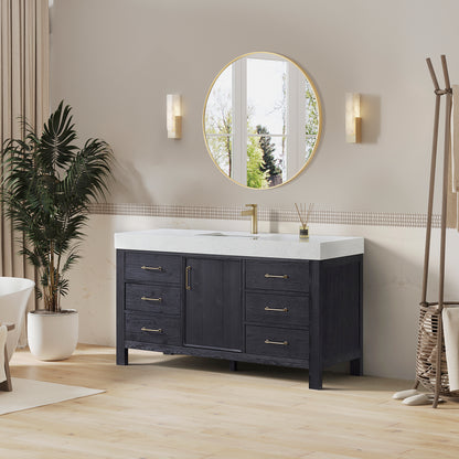 Vinnova, León 60in. Free-standing Single Bathroom Vanity in Fir Wood Black with Composite top in Lightning White and Mirror