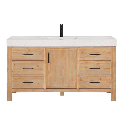 Vinnova, León 60in. Free-standing Single Bathroom Vanity in Fir Wood Brown with Composite top in Lightning White