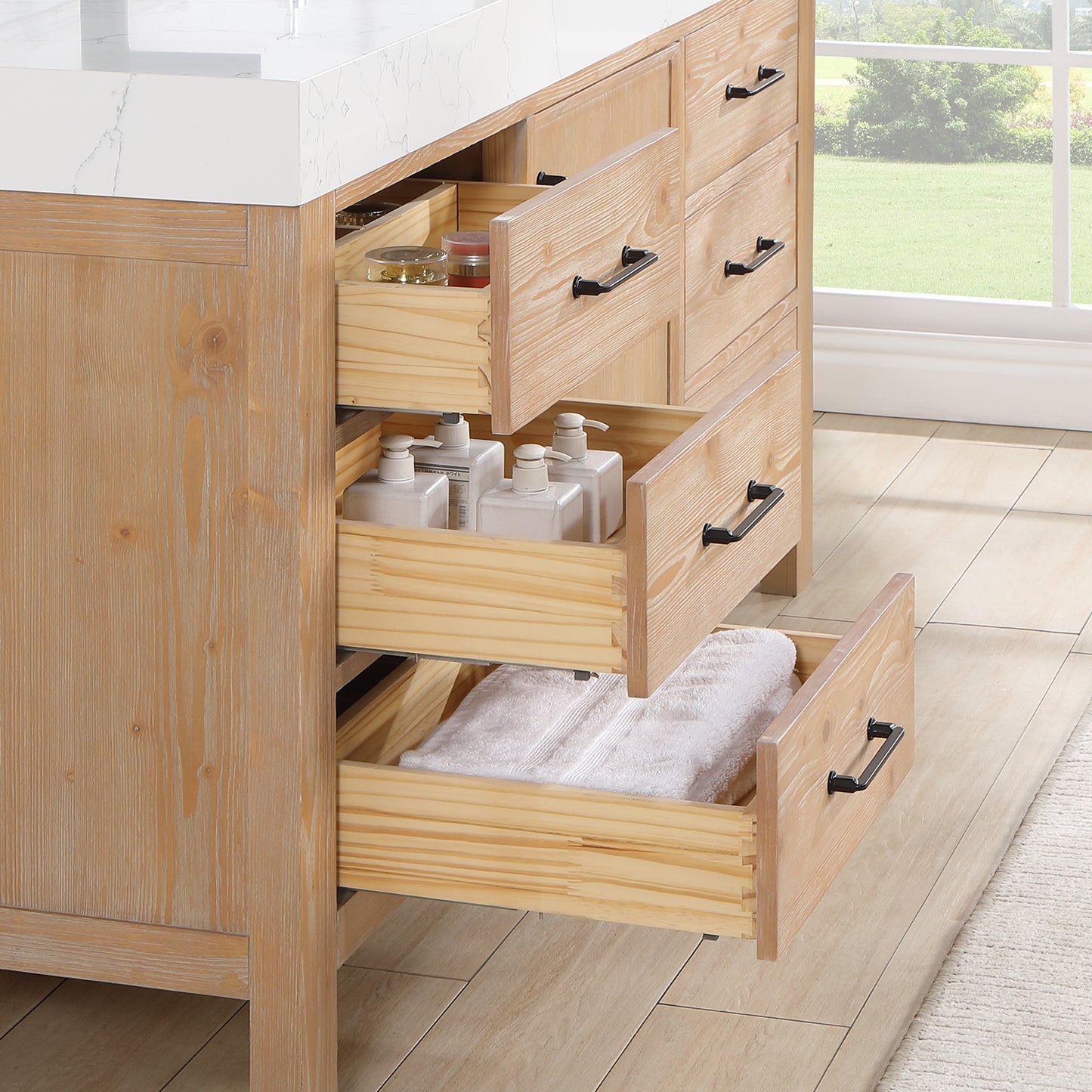 Vinnova, León 60in. Free-standing Single Bathroom Vanity in Fir Wood Brown with Composite top in Lightning White