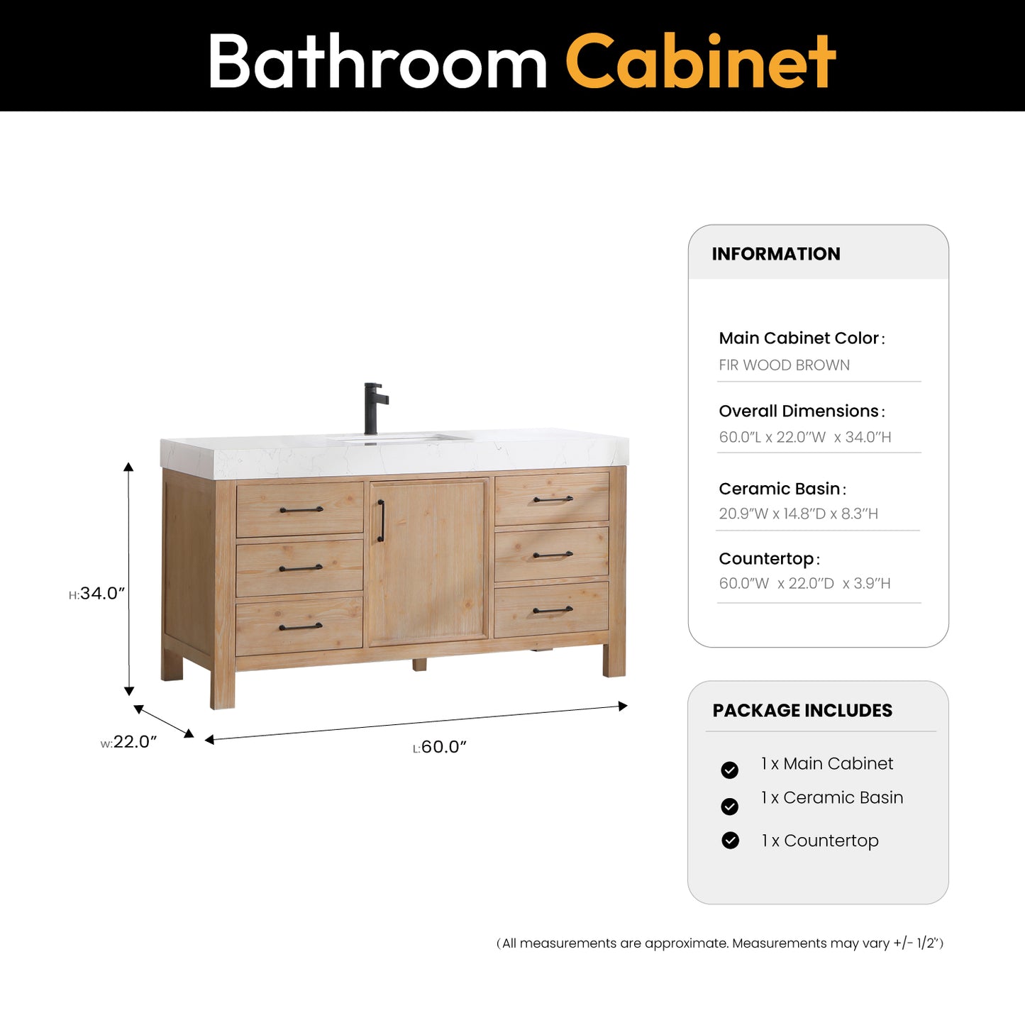 Vinnova, León 60in. Free-standing Single Bathroom Vanity in Fir Wood Brown with Composite top in Lightning White