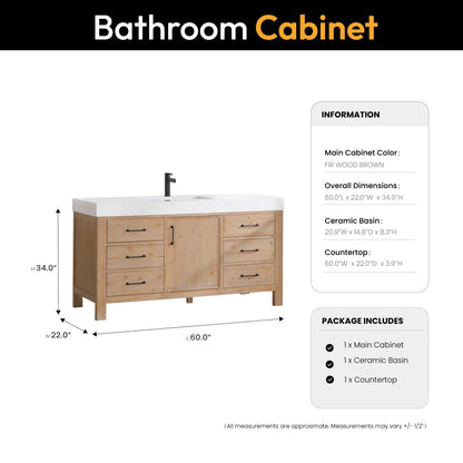 Vinnova, León 60in. Free-standing Single Bathroom Vanity in Fir Wood Brown with Composite top in Lightning White