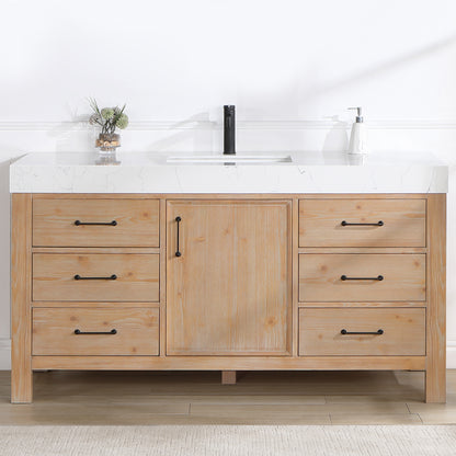 Vinnova, León 60in. Free-standing Single Bathroom Vanity in Fir Wood Brown with Composite top in Lightning White