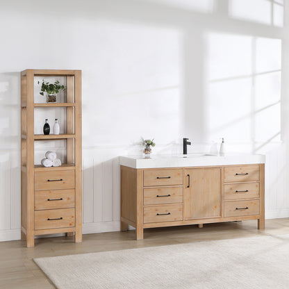 Vinnova, León 60in. Free-standing Single Bathroom Vanity in Fir Wood Brown with Composite top in Lightning White