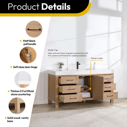 Vinnova, León 60in. Free-standing Single Bathroom Vanity in Fir Wood Brown with Composite top in Lightning White