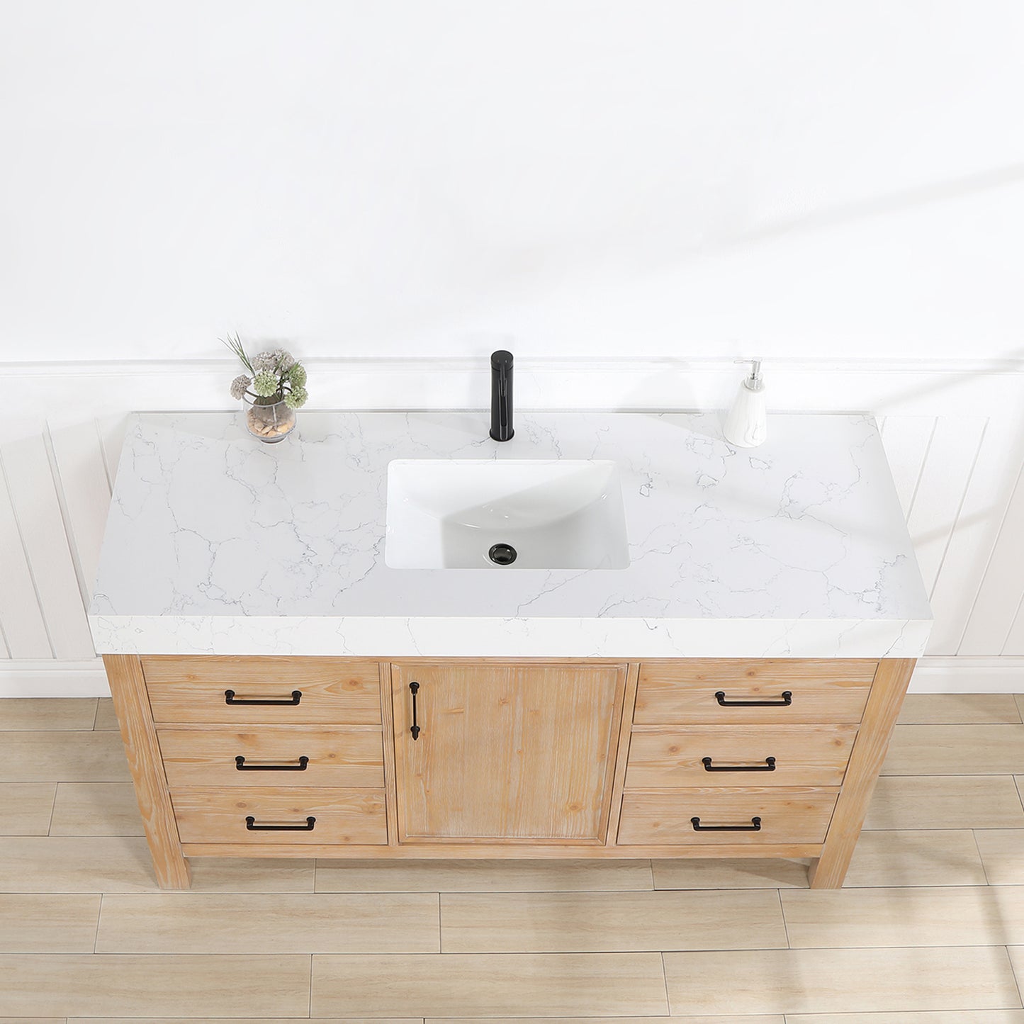 Vinnova, León 60in. Free-standing Single Bathroom Vanity in Fir Wood Brown with Composite top in Lightning White