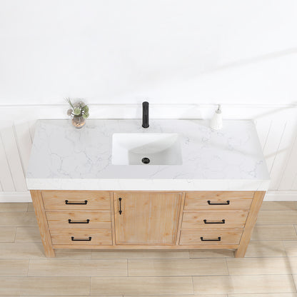 Vinnova, León 60in. Free-standing Single Bathroom Vanity in Fir Wood Brown with Composite top in Lightning White