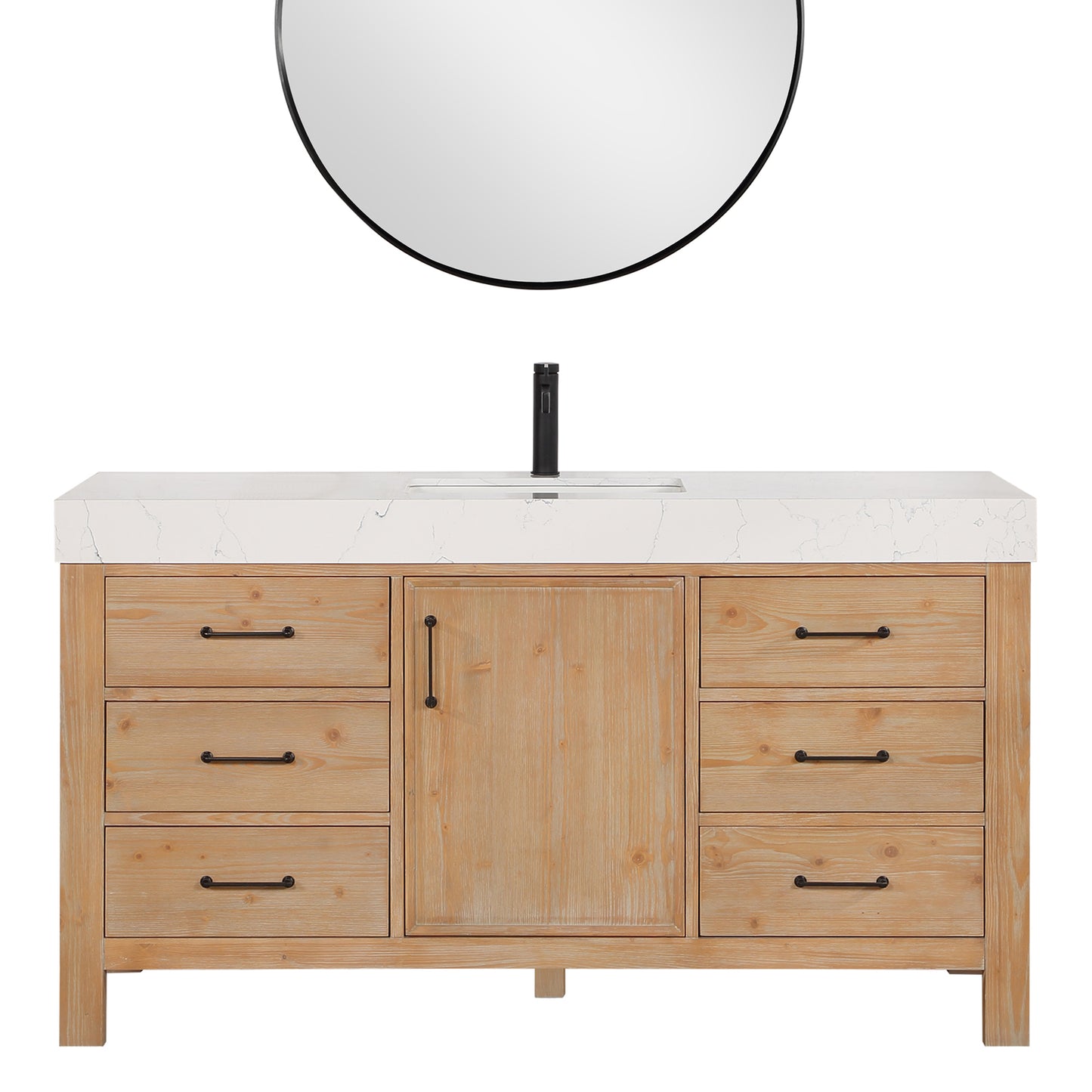 Vinnova, León 60in. Free-standing Single Bathroom Vanity in Fir Wood Brown with Composite top in Lightning White and Mirror