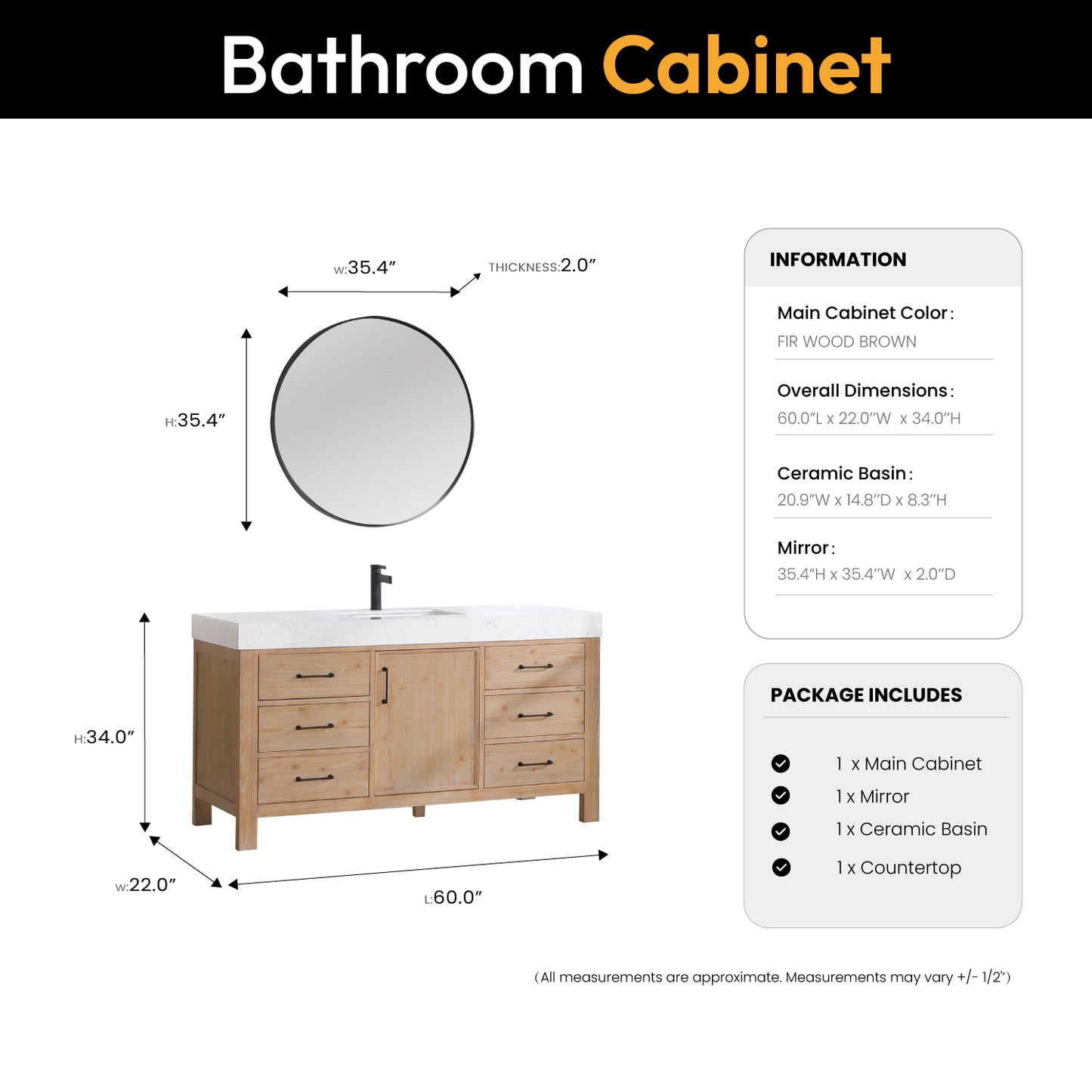 Vinnova, León 60in. Free-standing Single Bathroom Vanity in Fir Wood Brown with Composite top in Lightning White and Mirror