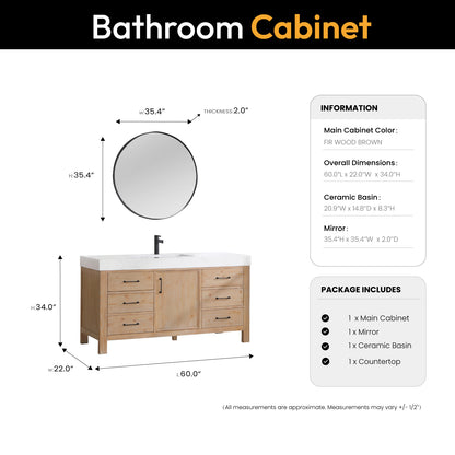 Vinnova, León 60in. Free-standing Single Bathroom Vanity in Fir Wood Brown with Composite top in Lightning White and Mirror