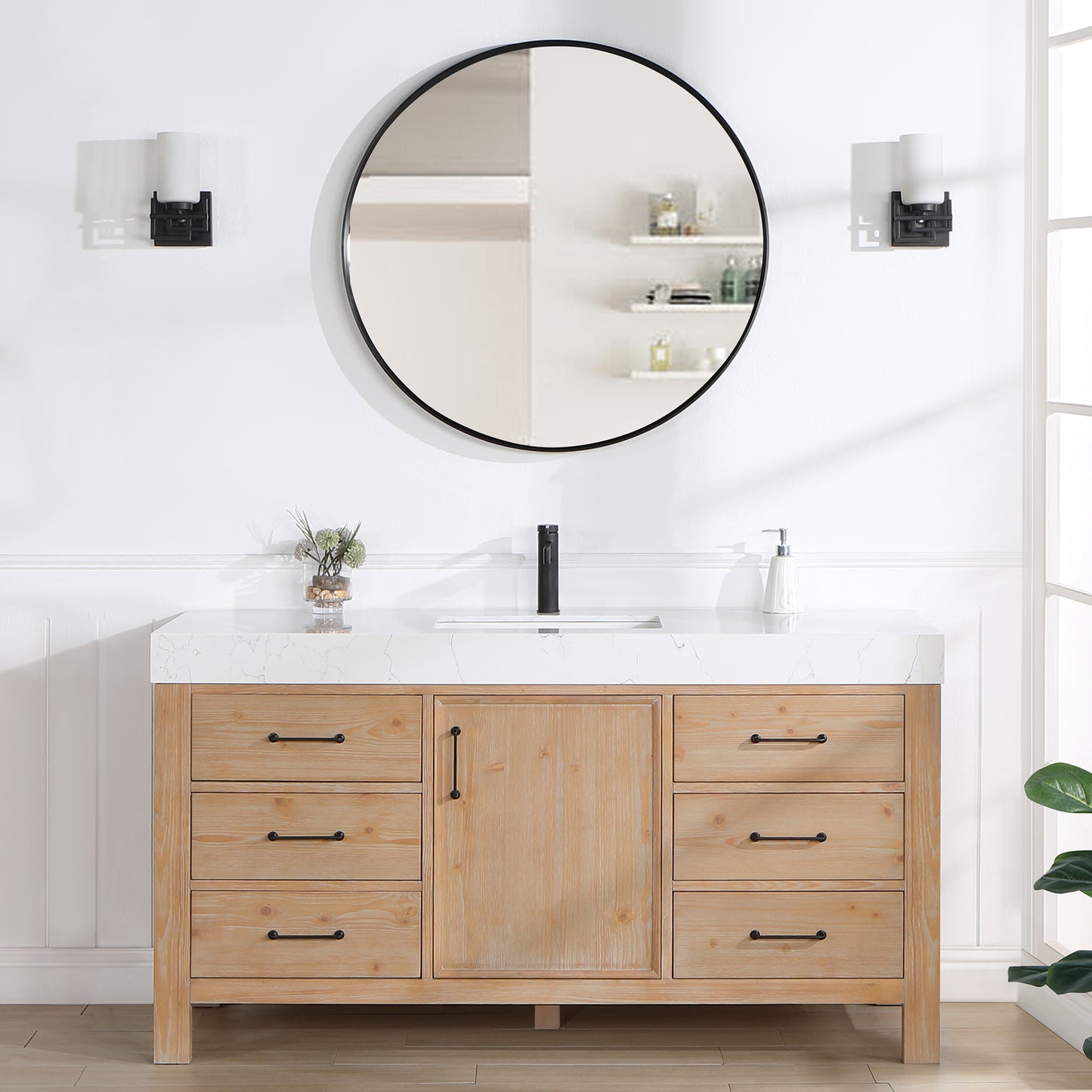 Vinnova, León 60in. Free-standing Single Bathroom Vanity in Fir Wood Brown with Composite top in Lightning White and Mirror