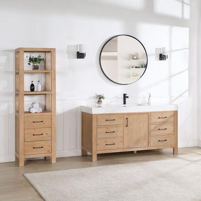 Vinnova, León 60in. Free-standing Single Bathroom Vanity in Fir Wood Brown with Composite top in Lightning White and Mirror