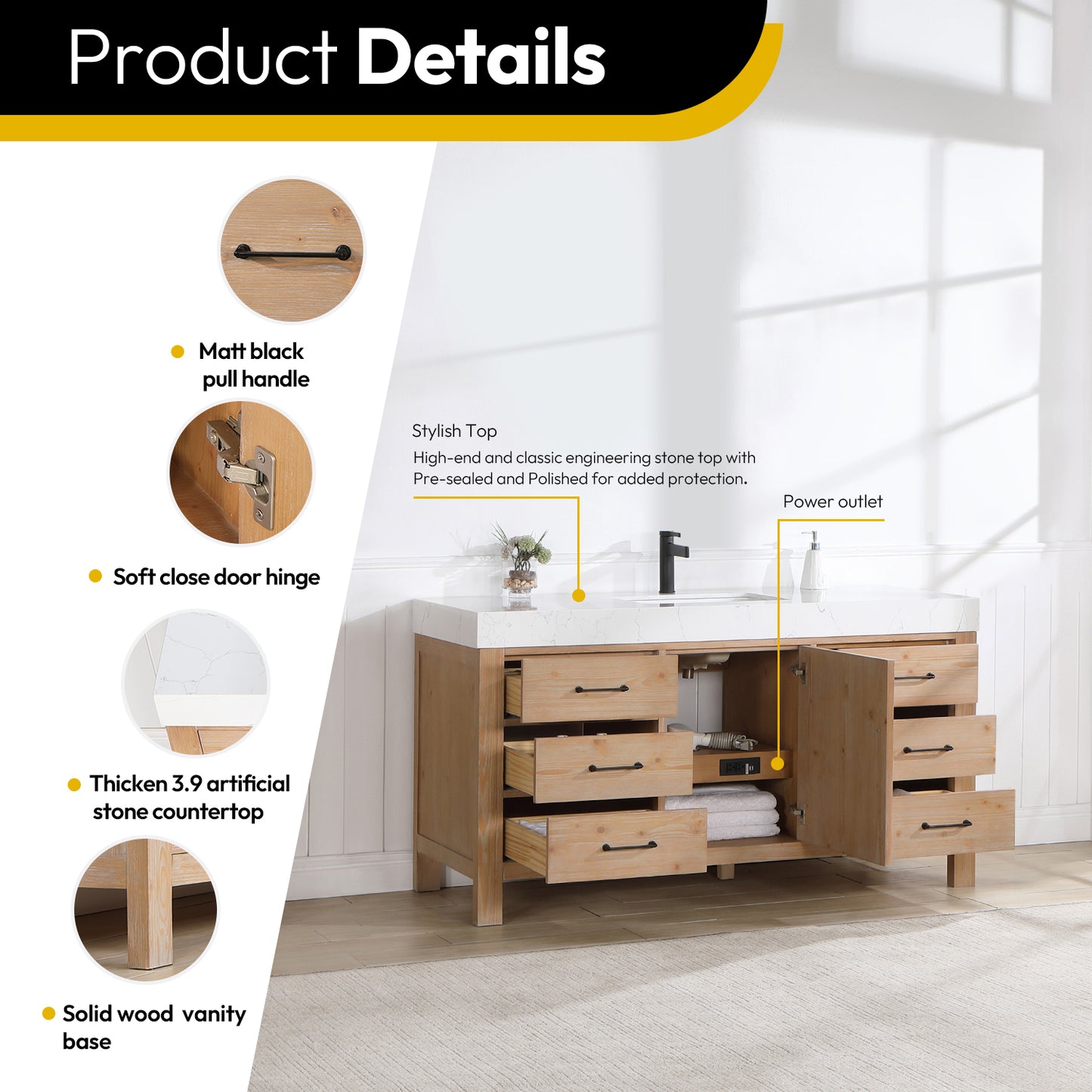 Vinnova, León 60in. Free-standing Single Bathroom Vanity in Fir Wood Brown with Composite top in Lightning White and Mirror