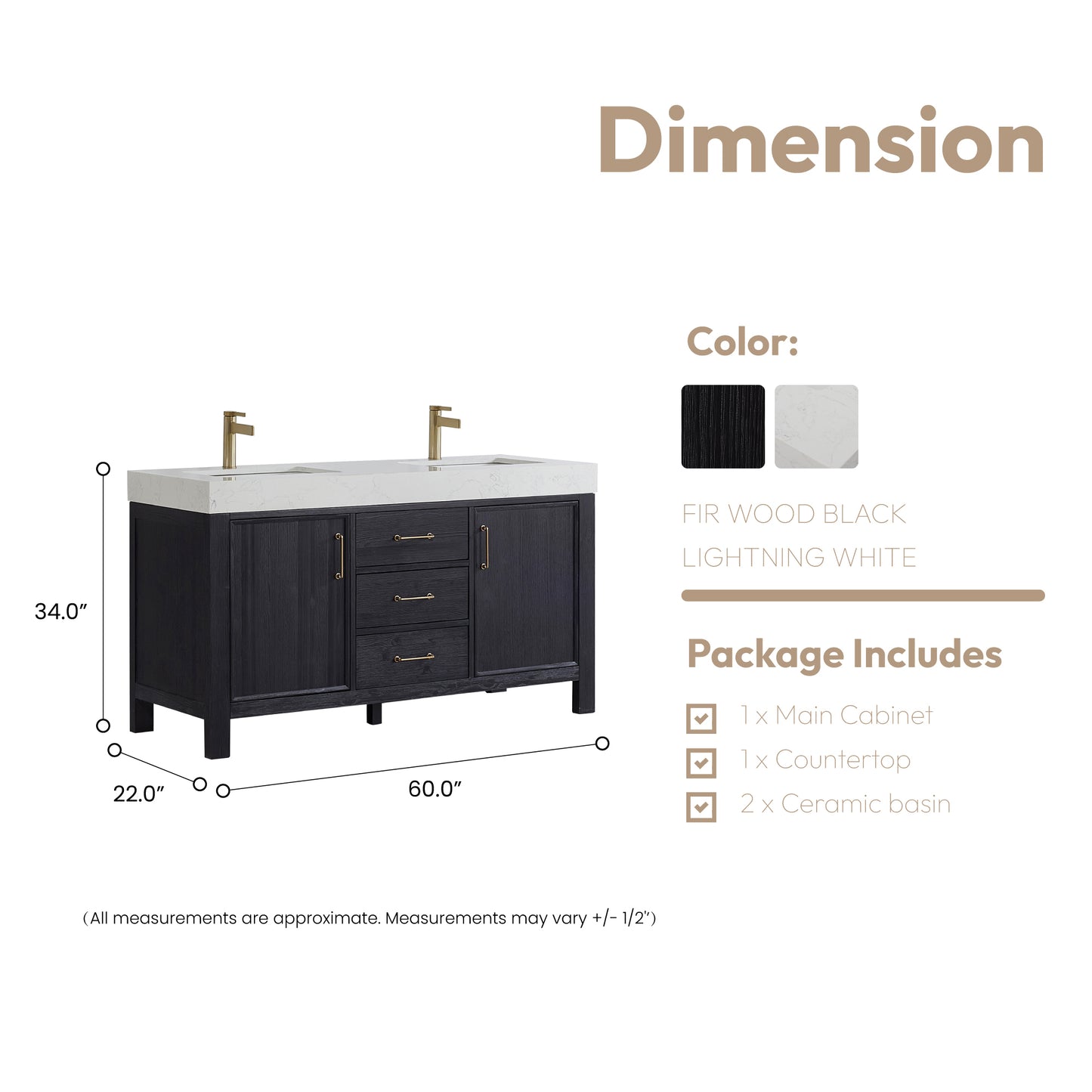 Vinnova, León 60in. Free-standing Double Bathroom Vanity in Fir Wood Black with Composite top in Lightning White