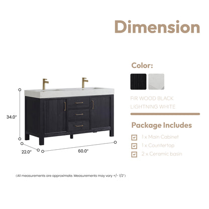 Vinnova, León 60in. Free-standing Double Bathroom Vanity in Fir Wood Black with Composite top in Lightning White