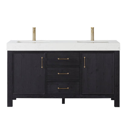 Vinnova, León 60in. Free-standing Double Bathroom Vanity in Fir Wood Black with Composite top in Lightning White
