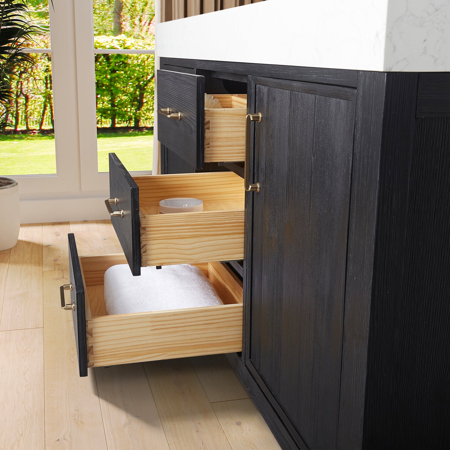 Vinnova, León 60in. Free-standing Double Bathroom Vanity in Fir Wood Black with Composite top in Lightning White and Mirror