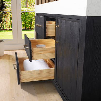 Vinnova, León 60in. Free-standing Double Bathroom Vanity in Fir Wood Black with Composite top in Lightning White and Mirror
