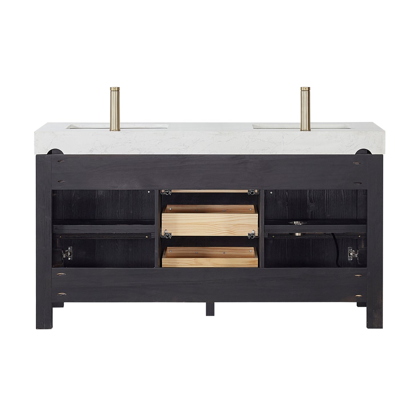 Vinnova, León 60in. Free-standing Double Bathroom Vanity in Fir Wood Black with Composite top in Lightning White and Mirror